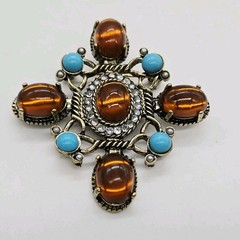 Gripoix Maltese Cross Brooch Pin Amber Blue Gold tone Statement Cabochon 2.25 in
