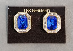 Vintage Signed LES BERNARD Baguette BLUE RHINESTONE Goldtone EARRINGS & BROOCH