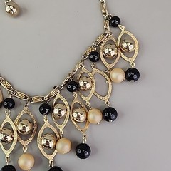 Vintage Statement Necklace Black Beaded Fringe Dangles Gold Tone Snail 16.5″