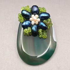 Vintage Green Banded Agate Brooch Pendant Pearl Floral YZ Yashgan Designer