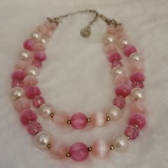 Vtg Lisner Thermoset Moonglow Iridescent Pink Peach Lucite Pearl Bead Necklace