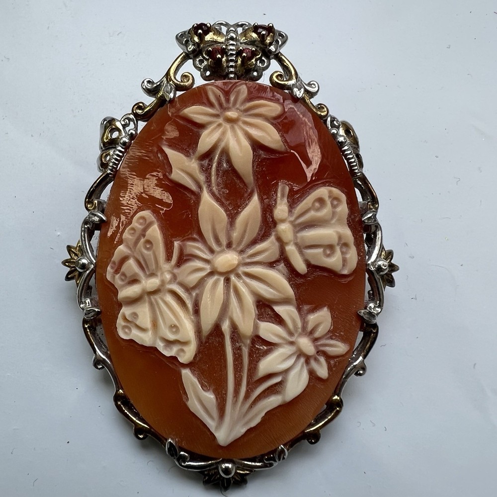 Vintage Cameo Brooch Pin Pendant Butterfly Floral 18K Gold Over Sterling Silver