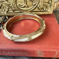 Vintage Gold and White Enamel Bangle Bracelet for Women