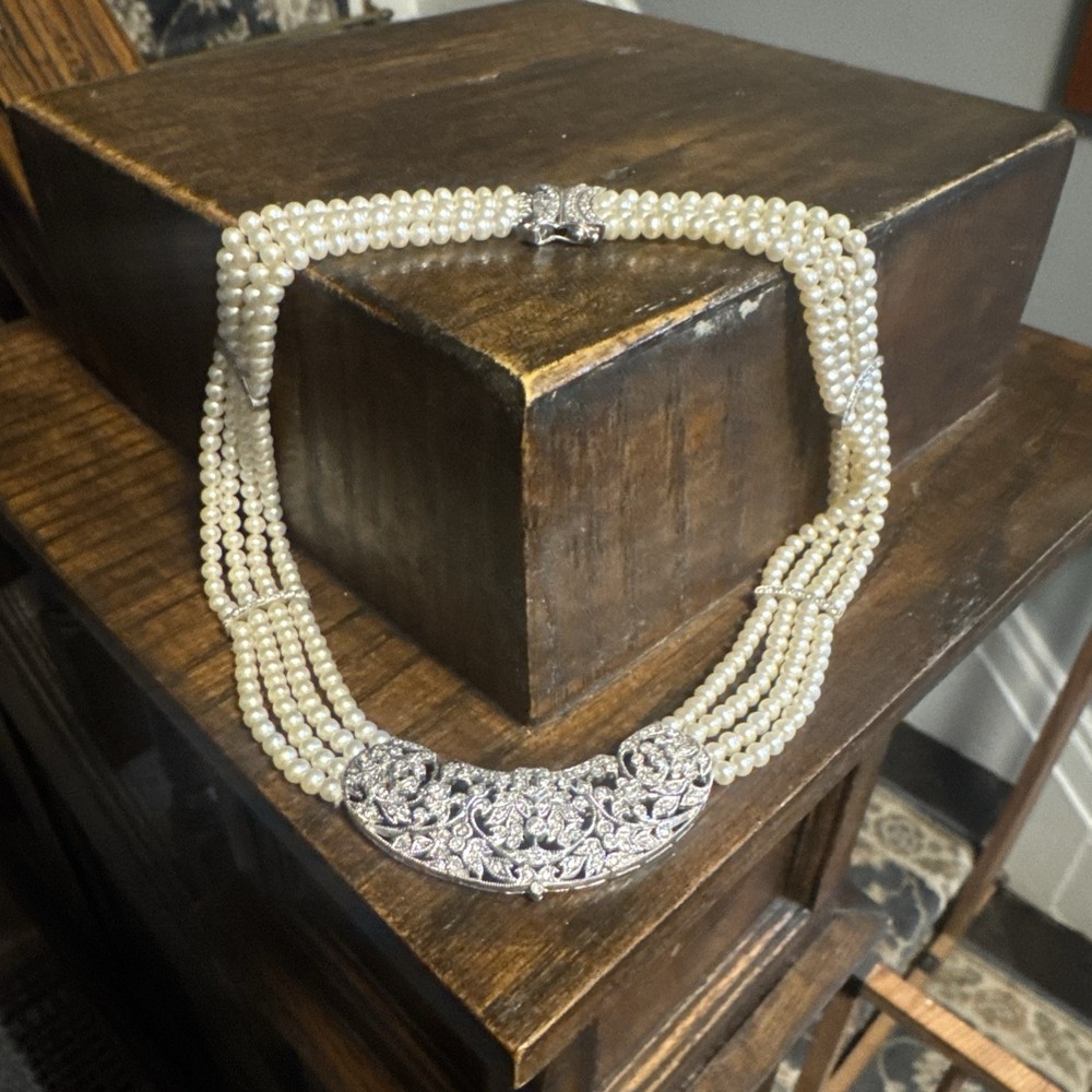 18K White Gold Diamond Filigree Pearl Necklace 15–16” 40g 750 Marked
