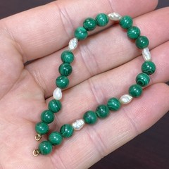 VTG Round Malachite Beads (No Clasp) Fresh Water Pearls Segment Bracelet 6-3/8”