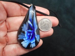 Vintage Contemporary Black Cord w/Art Glass Blue Stylized Flower Necklace