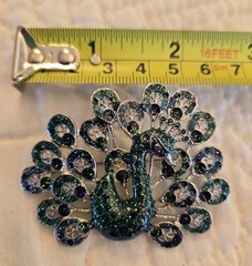 PEACOCK Brooch silver-tone & enamel 2 1/4″ x 1 1/2″ Bird Costume Glitter Jewelry