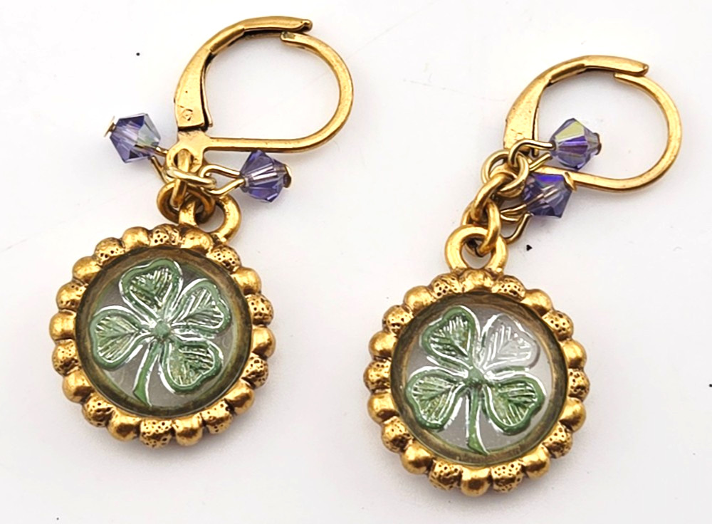 Kirks Folly Vintage 4-Leaf Clover Earrings Round Leverback Goldtone