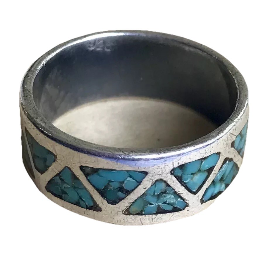 925 Sterling Silver Ring Band Blue Turquoise Inlay Triangle Pattern Size 8