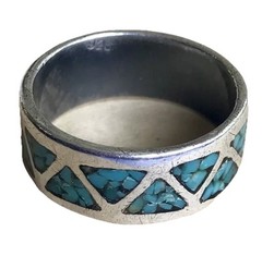 925 Sterling Silver Ring Band Blue Turquoise Inlay Triangle Pattern Size 8