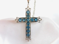 Vintage Sterling Silver 925 Heated London Blue Topaz Cross Pendant Necklace