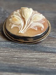 Vintage Antique Carved Shell Cameo Brooch Pendant Floral Tulips 800 Silver