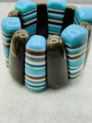 Vintage Chunky Striped Resin Stretch Bracelet Blue Aqua Brown Lucite Acrylic