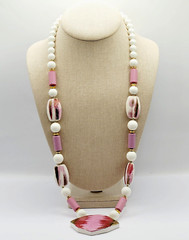 Hand Painted Porcelain Ceramic Pendant Beaded Vintage Necklace 30 Inch Japan