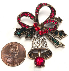 Modern Festive Rhinestone Christmas Holly Dangle Bell With Ribbon Pin / Brooch