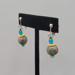 Polymer Clay Bead Multicolor Clip on Earrings Silver tone Dangle 1″