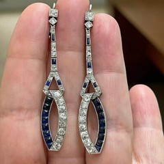 Art Deco Style Lab-Created Diamond & Sapphire Dangle/Drop Earrings In 925 Silve