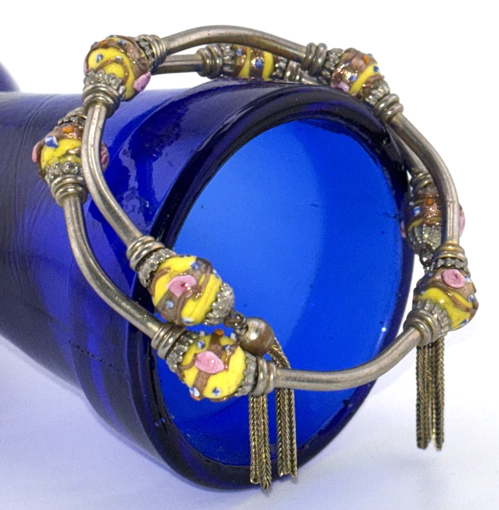 Vintage Silver Tone Expandable Bracelet Murano Wedding Cake Beads and Tassels
