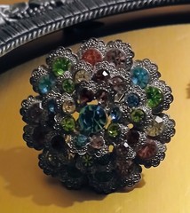 Vintage Multicolor Rhinestone Cluster Flower Cocktail Ring (re-purposed Brooch)