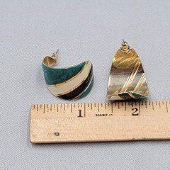 Vintage Green Blue White Enamel Wide Hoop Pierced Earrings Gold tone Drop 1″