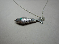 Vintage Mexican Sterling Silver Articulated Turquoise Set Fish Pendant Necklace
