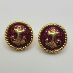 Vintage Signed Trifari Nautical Anchor Button Earrings Deep Red Enamel 1980s
