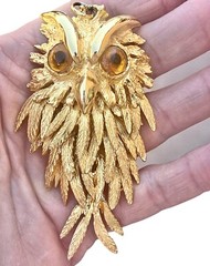 Vintage Owl Pendant Gold Tone Articulated Amber Style Eyes 3.25″ No Chain Indie