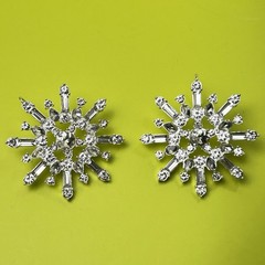 Large HHH Snowflake Rhinestone Earrings Silver Tone Pierced 2″ Diameter