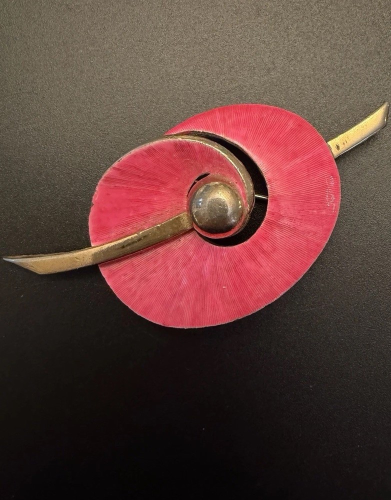 Les Bernard Pink Lily Pad Flower Brooch Gold Enamel Signed Modernist Couture 3”!
