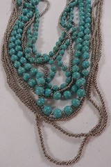 Beaded Layered Statement Necklace 16″ Blue Gray Beads Silver Tone Chain Jewelry