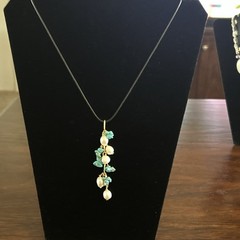 Natural Pearl and Turquoise cascade pendent with Leather Necklace