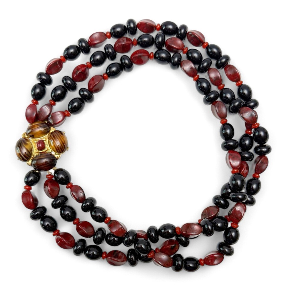 Vintage Monet Glass Stone Cabochon Clasp Multi Strand Resin Beaded Necklace