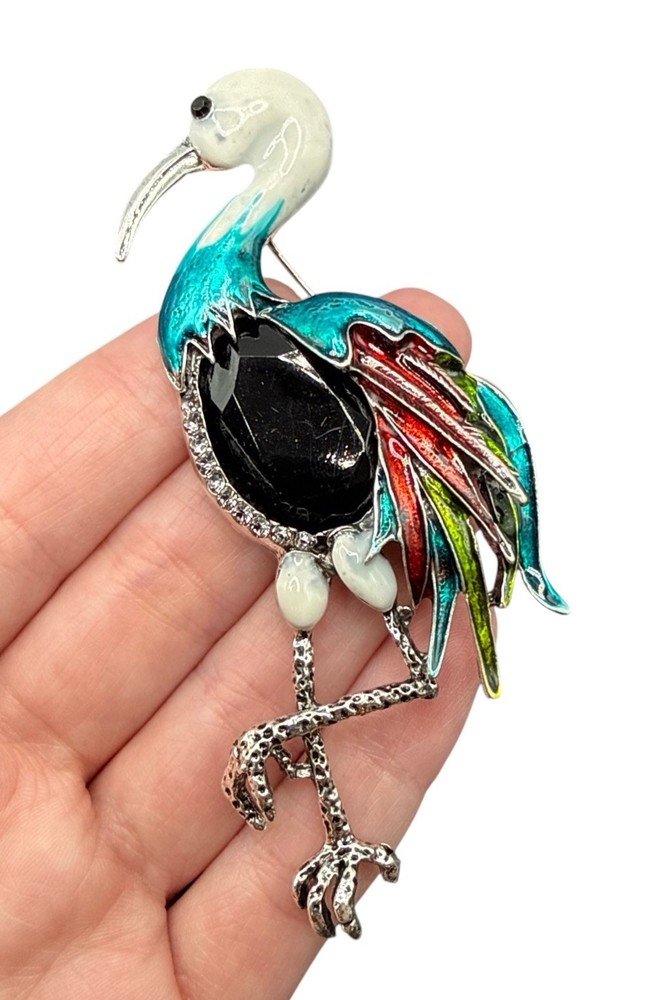 HUGE Heron Bird Brooch Pin Black Rhinestone Colorful Enamel J26