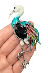 HUGE Heron Bird Brooch Pin Black Rhinestone Colorful Enamel J26