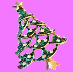 Christmas Tree Vintage Brooch Green Enamel Clear Rhinestones Cut-Outs