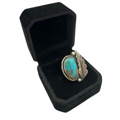 Vintage Handmade Sterling Silver Natural Turquoise Feather Ring Size 6 3/4