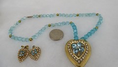Vintage Earrings, Bracelet & Necklace Set signed Anthony Blue Beads, Large Heart