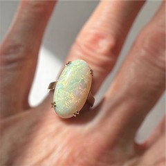 Crystal Opal Oval Cabochon 5.45 Carats 21.4 mm x 11.4 mm 18k Yellow Gold Ring