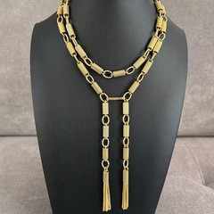 Vintage Gold Tone Geometric Bar Link Chain Long Lariat Necklace Tassel 40”