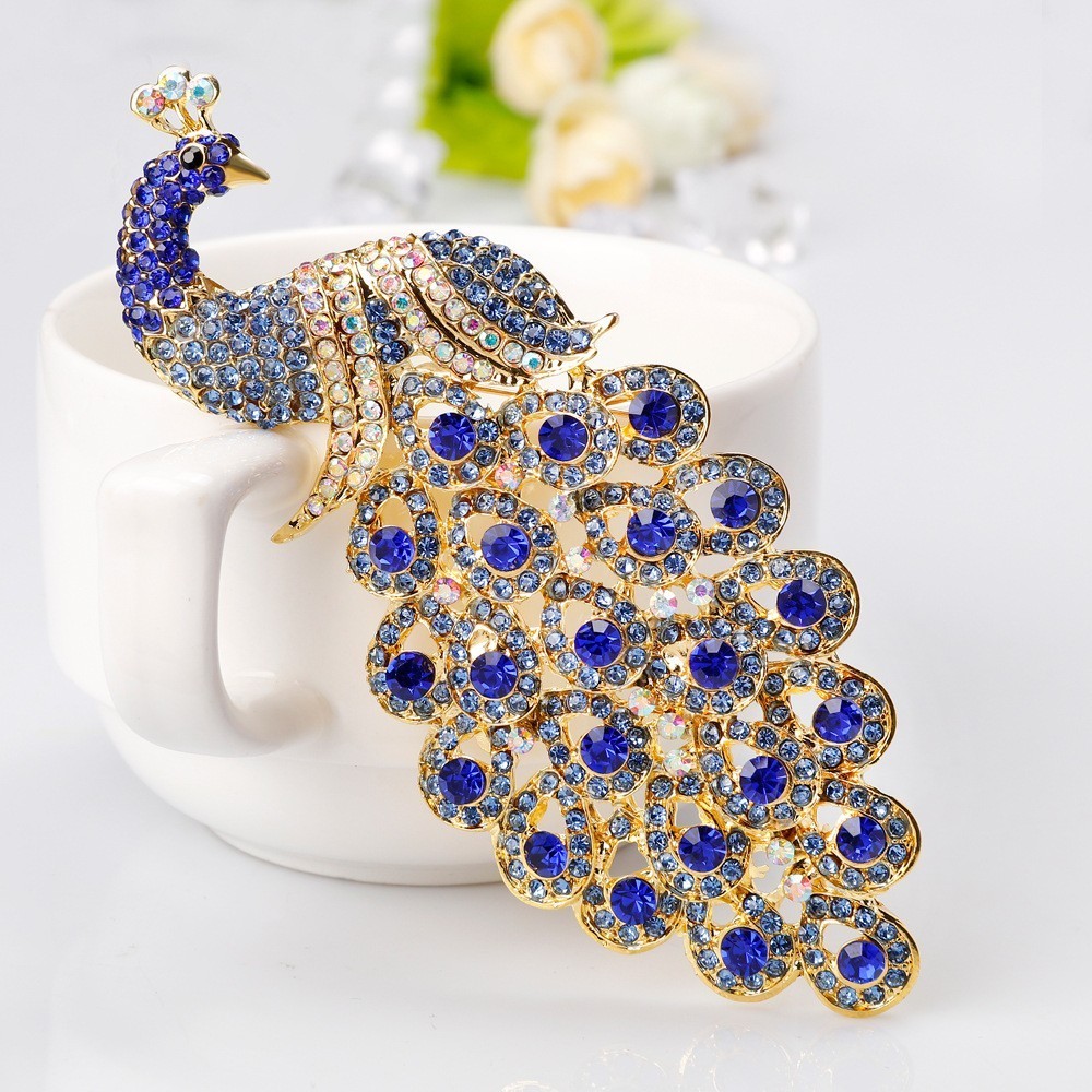 Elegant Blue Peacock Brooch Pin Crystal Rhinestone Bird Jewelry Gift Jewelry