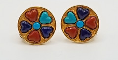 Vtg Signed MMA Faux Turquoise, Lapis & Coral? Heart Gold Tone Clip On Earrings