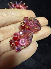 Vintage Pink Aurora Borealis Starburst Brooch Pin Faceted Beads + Clip Earrings