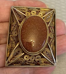 Vintage Silver Vermeil Filigree Aventurine Goldstone Brooch Pendant Handcrafted
