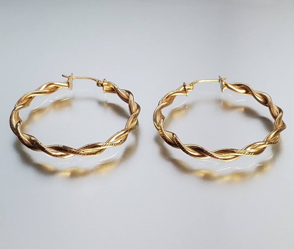VTG 925 FAS Hoop Earrings 1.25in Sterling Silver 5g Gold Vermeil Twisted Round
