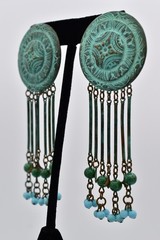 Vintage Verdigris Patina Beaded Chandelier Earrings Dangle Fringe 1970s BinAV