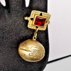 Antique Gold Tone & Brass Football Dangle 1.25″ Pin Brooch Red Glass