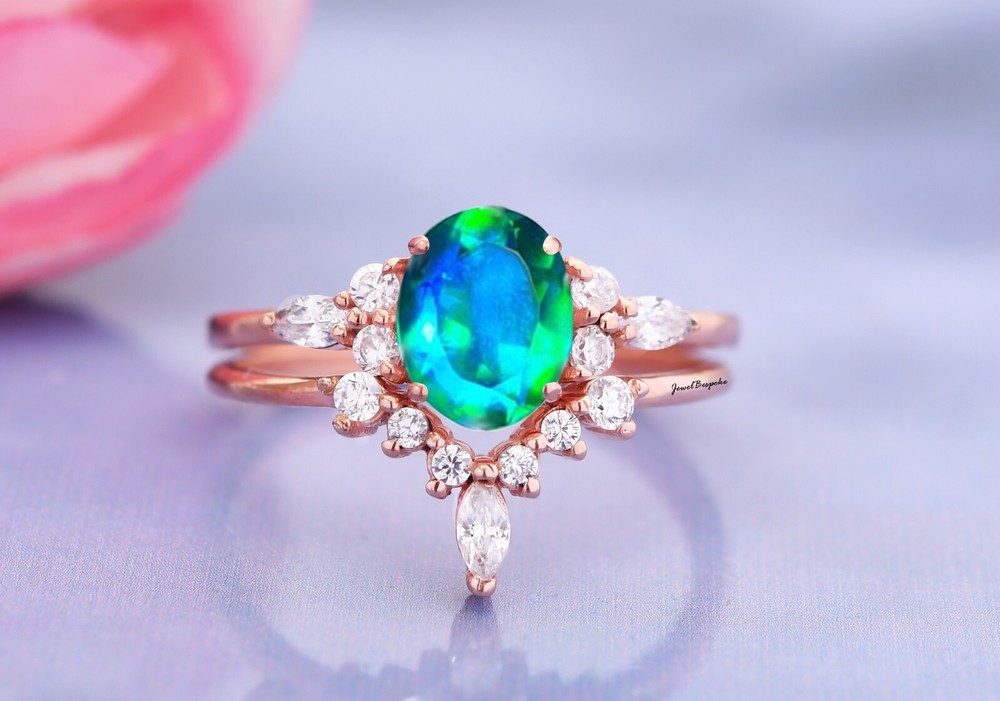 Oval Cut Peacock Quartz Engagement Ring Set 2 Pcs 14K Gold Plated Ring Gifts