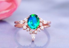 Oval Cut Peacock Quartz Engagement Ring Set 2 Pcs 14K Gold Plated Ring Gifts