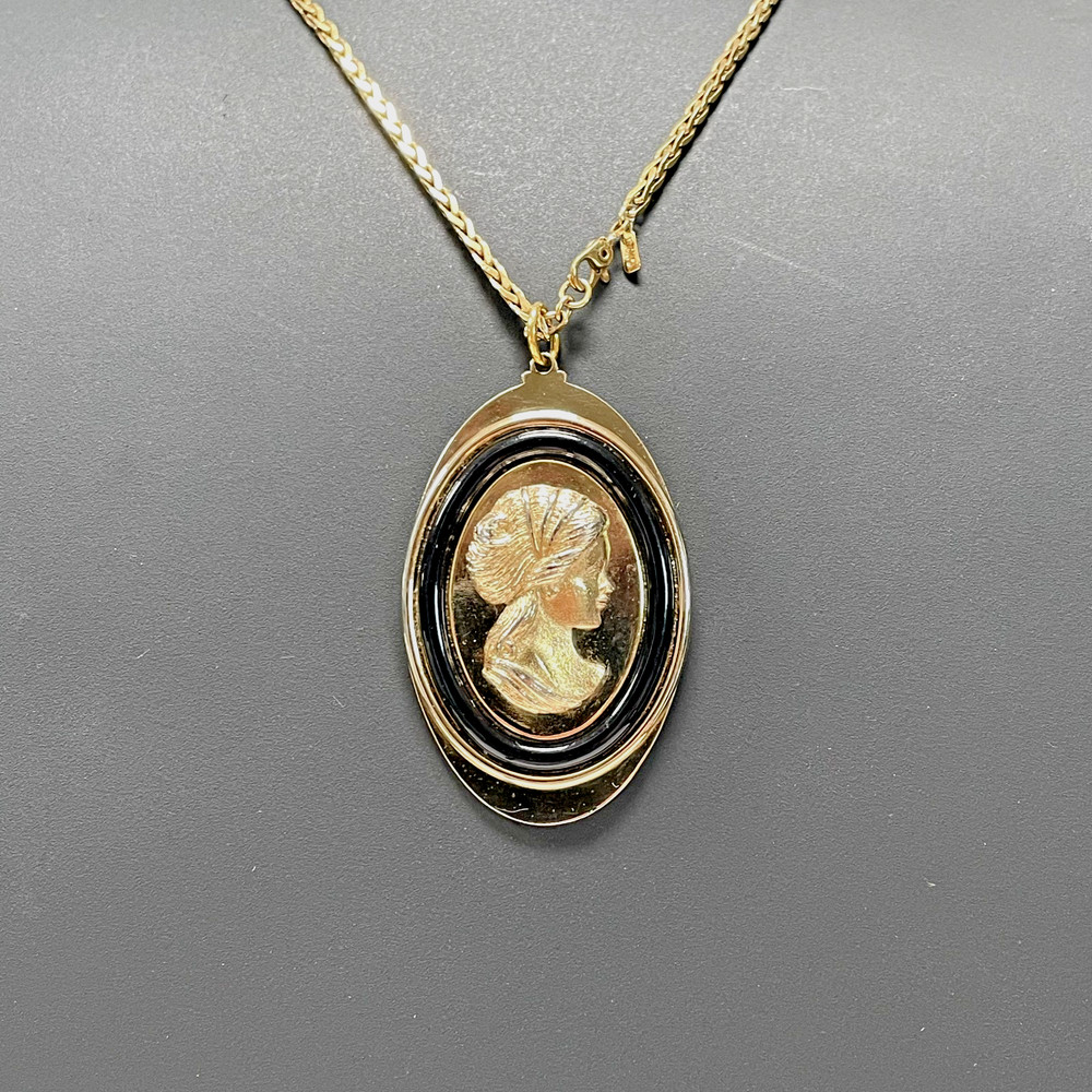 Vintage AVON Gold Tone Greek Cameo & MONET Gold Tone Chain Necklace 1970s – 16″