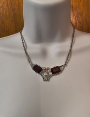 Vintage Art Deco style bow necklace silver tone choker hook red pink gemstones